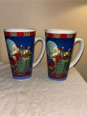 Casa Bella Christmas Reindeer Sleigh Tall 6” Latte Mugs Set of 2 NWOT